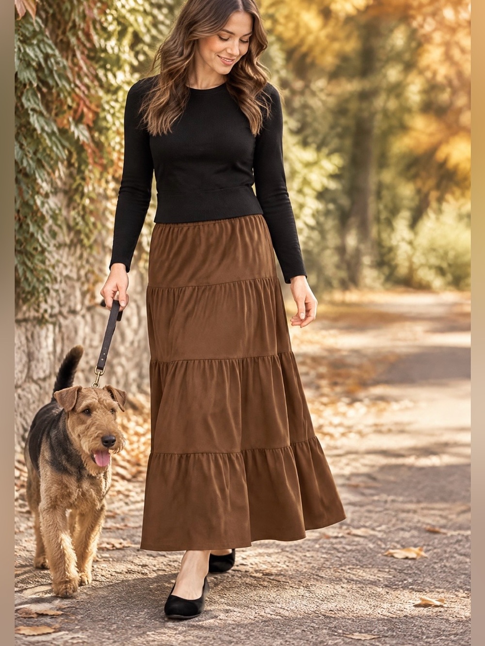 Vintage 1990s Faux Suede Tiered Maxi Skirt • Warm Brown • Romantic